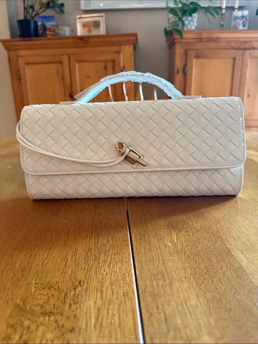 Few Moda east West Woven Cream Clutch with Top Handle and crossbody strap